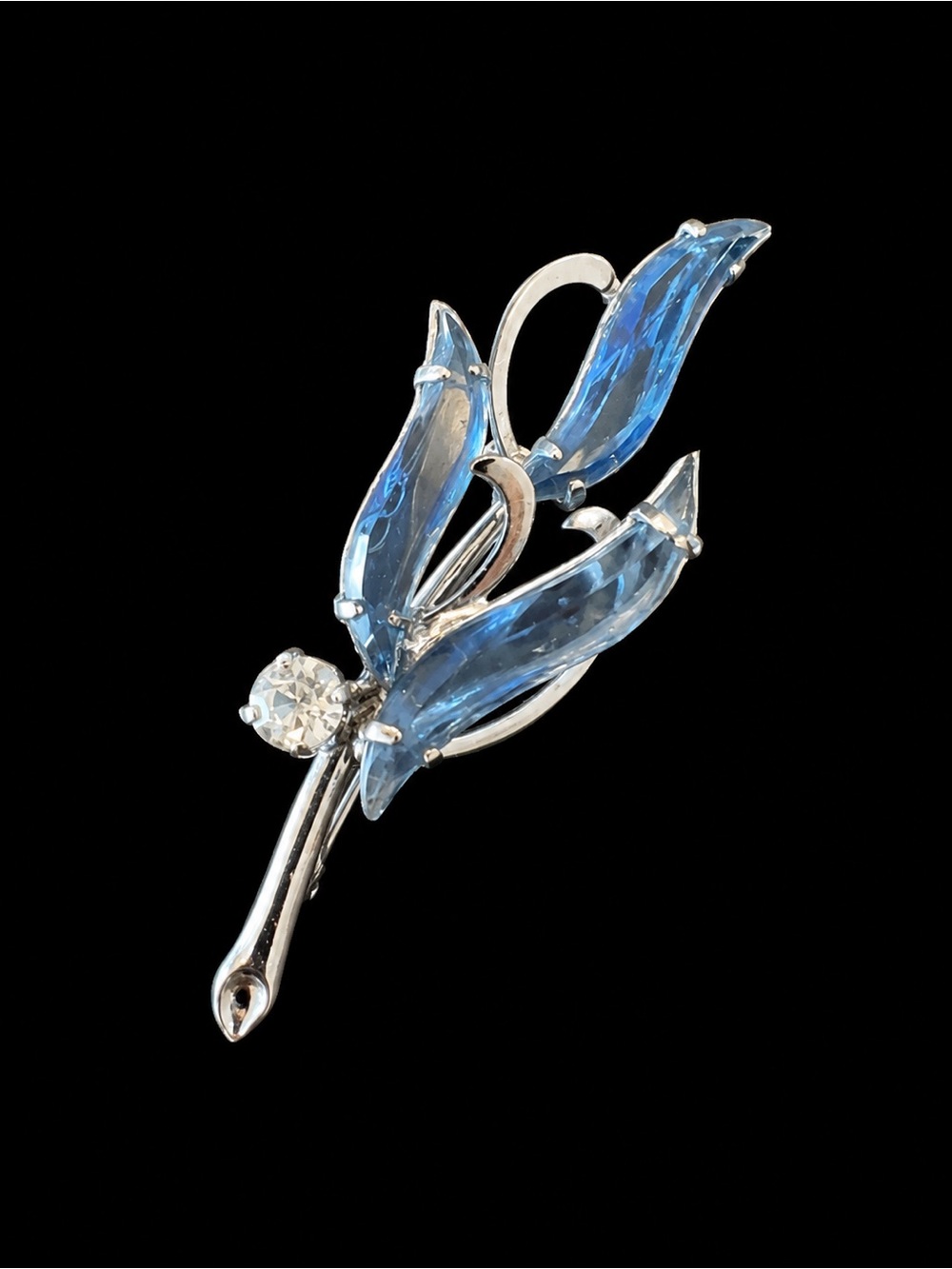 Mid-Century Made in Austria Blue Marquise Crystal Rhinestone Floral Brooch Pin